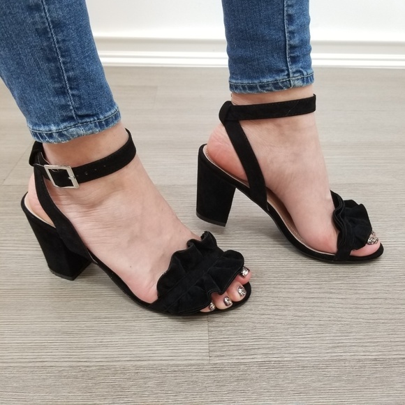 Suede Black Chunky Heel Open Ruffle Toe Sandal-ee - Picture 7 of 8